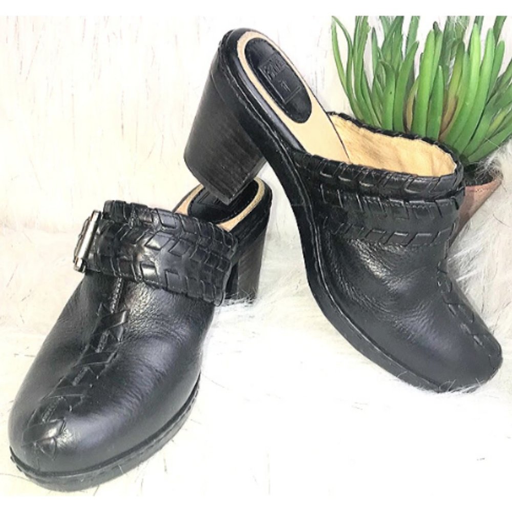 Frye 100% Black Leather Clog Mule Heel SZ …